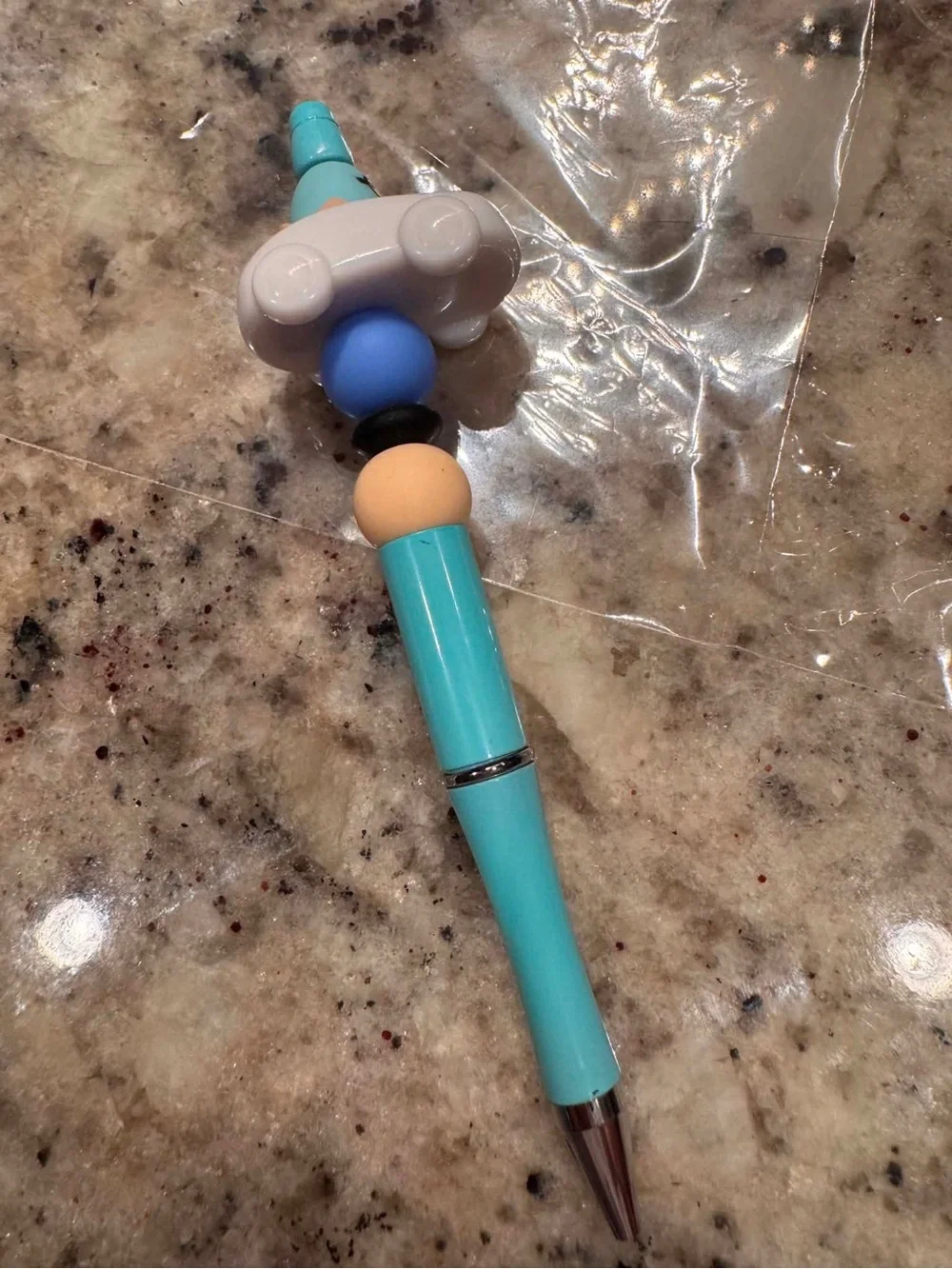 Hand Crafted Teal Bead Accent Pen with Blue and Peach Beads